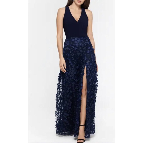 Xscape Dresses & Skirts - XSCAPE 3D-Floral Gown Navy Blue Size 4 Prom Wedding V-neck Formal Evening New